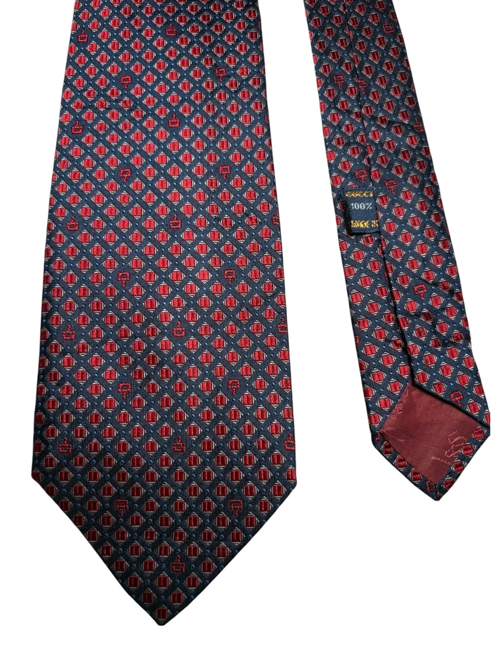Gucci 100% Silk Navy Red Jacquard Diamond Designer Vintage Tie Made in Italy